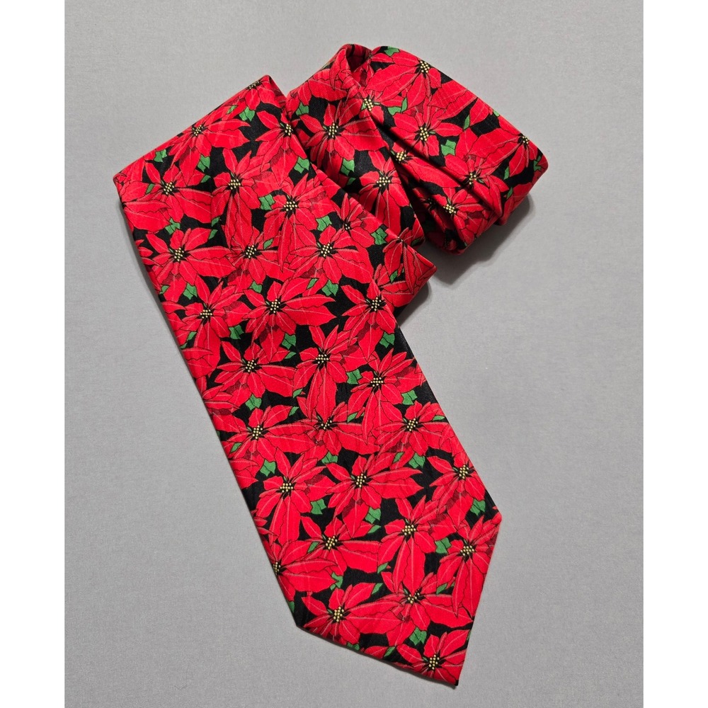 Keith Daniels Poinsettia Floral Holiday Christmas Necktie Red Black 4x60 Italian